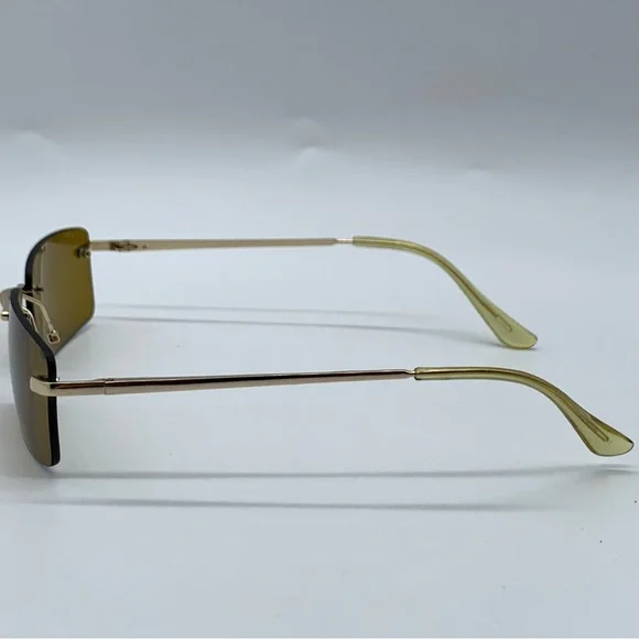 Slim Retro Rimless Rectangular Sunglasses in Gold- Brown - Picture 3 of 11